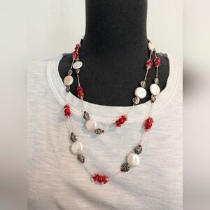 Elegant Red White Art Glass Bead & Freshwater Coin Pearls Beaded 47" Necklace